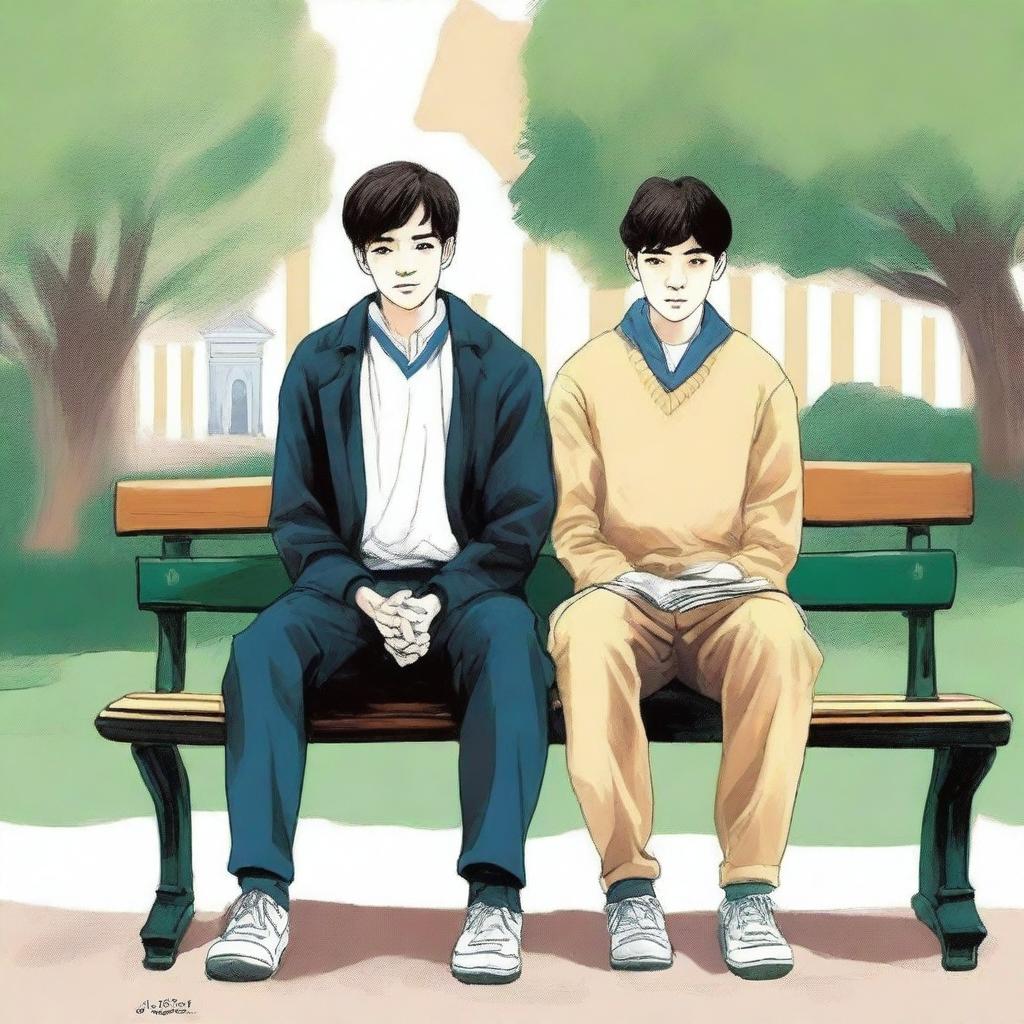 This is an exquisite illustration titled 'Harmony in Friendship', featuring two young men with dark hair, the protagonist and 'A', seated closely on a bench within a lively college setting