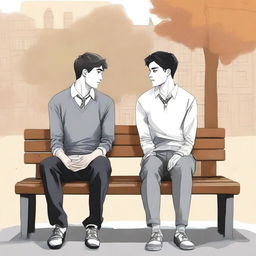 This is an exquisite illustration titled 'Harmony in Friendship', featuring two young men with dark hair, the protagonist and 'A', seated closely on a bench within a lively college setting