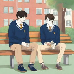 This is an exquisite illustration titled 'Harmony in Friendship', featuring two young men with dark hair, the protagonist and 'A', seated closely on a bench within a lively college setting