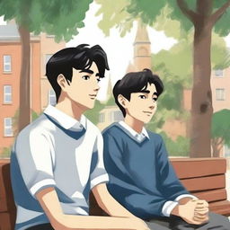 This is an exquisite illustration titled 'Harmony in Friendship', featuring two young men with dark hair, the protagonist and 'A', seated closely on a bench within a lively college setting