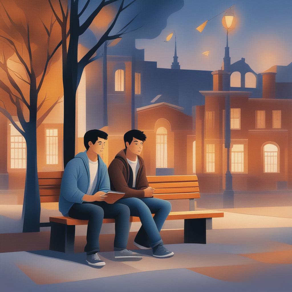 The illustration titled 'Harmony in Friendship' depicts two young men with dark hair seated closely on a bench within a bustling college campus