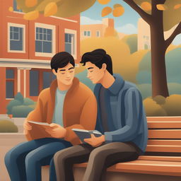The illustration titled 'Harmony in Friendship' depicts two young men with dark hair seated closely on a bench within a bustling college campus