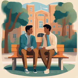 The illustration titled 'Harmony in Friendship' depicts two young men with dark hair seated closely on a bench within a bustling college campus