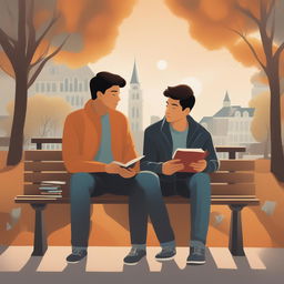 The illustration titled 'Harmony in Friendship' depicts two young men with dark hair seated closely on a bench within a bustling college campus