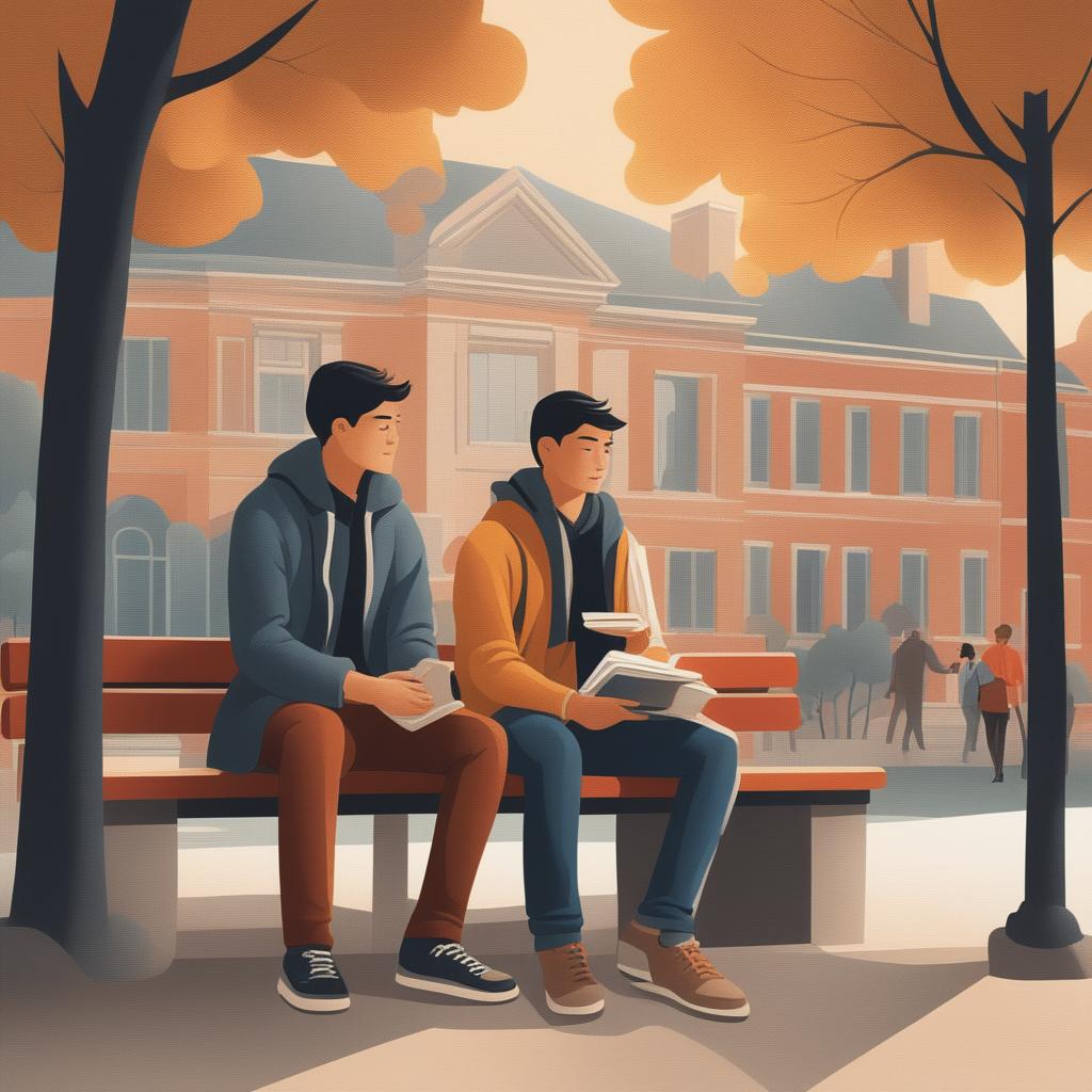 The illustration titled 'Harmony in Friendship' depicts two young men with dark hair seated closely on a bench within a bustling college campus