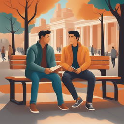 The illustration titled 'Harmony in Friendship' depicts two young men with dark hair seated closely on a bench within a bustling college campus
