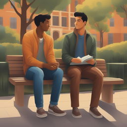 The illustration titled 'Harmony in Friendship' depicts two young men with dark hair seated closely on a bench within a bustling college campus