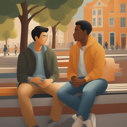 The illustration titled 'Harmony in Friendship' depicts two young men with dark hair seated closely on a bench within a bustling college campus