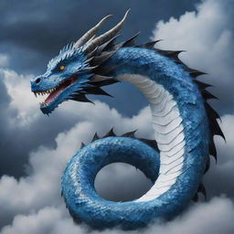 A majestic dragon blending colors of blue, white, and black, with a tail reminiscent of a snake. Surrounding the dragon is a mystic backdrop of cloudy skies with a touch of blue.