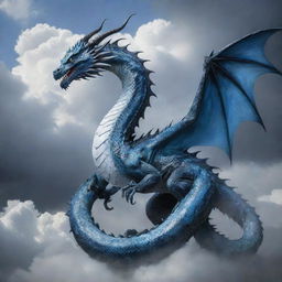 A majestic dragon blending colors of blue, white, and black, with a tail reminiscent of a snake. Surrounding the dragon is a mystic backdrop of cloudy skies with a touch of blue.