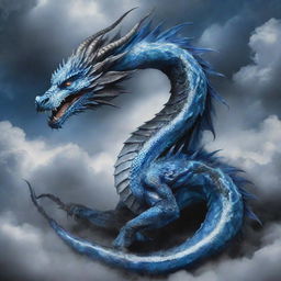 A majestic dragon blending colors of blue, white, and black, with a tail reminiscent of a snake. Surrounding the dragon is a mystic backdrop of cloudy skies with a touch of blue.