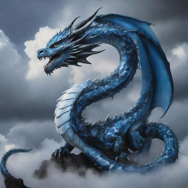 A majestic dragon blending colors of blue, white, and black, with a tail reminiscent of a snake. Surrounding the dragon is a mystic backdrop of cloudy skies with a touch of blue.