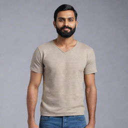 Generate an 8K hyper-realistic full body image of an Indian man with a round face, wheatish complexion, 5 feet 2 inches tall and 34 inches waist. He has stubble clean-shaven beard, weighs 68 kgs and has black, side-parted hair.