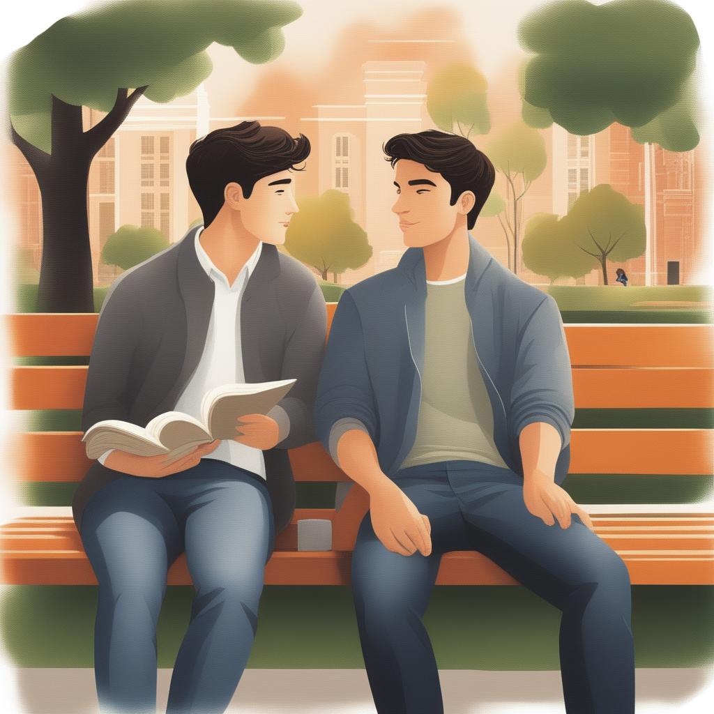 The illustration depicts two white young men with dark hair seated closely on a bench within a bustling college campus
