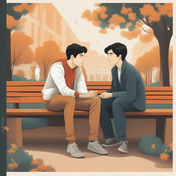 The illustration depicts two white young men with dark hair seated closely on a bench within a bustling college campus