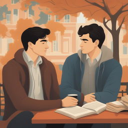The illustration depicts two white young men with dark hair seated closely on a bench within a bustling college campus