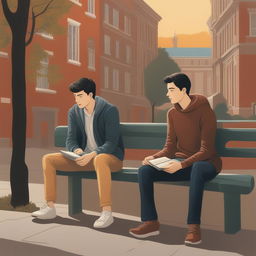 The illustration depicts two white young men with dark hair seated closely on a bench within a bustling college campus
