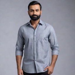 Generate an 8K hyper-realistic full body image of an Indian man with a round face, wheatish complexion, 5 feet 2 inches tall and 34 inches waist. He has stubble clean-shaven beard, weighs 68 kgs and has black, side-parted hair.