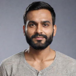 Generate an 8K hyper-realistic full body image of an Indian man with a round face, wheatish complexion, 5 feet 2 inches tall and 34 inches waist. He has stubble clean-shaven beard, weighs 68 kgs and has black, side-parted hair.