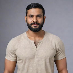 Generate an 8K hyper-realistic full body image of an Indian man with a round face, wheatish complexion, 5 feet 2 inches tall and 34 inches waist. He has stubble clean-shaven beard, weighs 68 kgs and has black, side-parted hair.