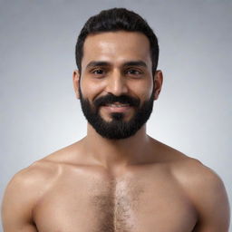 Generate an 8K resolution, photorealistic full-body image of an Indian man with a wheatish skin tone, round face, height of 5 feet 2 inches, waist of 34 inches, chin strap beard, weight of 68 kg, black hair in a stubble clean-shaved style.