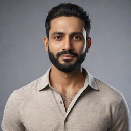 Generate an 8K resolution, photorealistic full-body image of an Indian man with a wheatish skin tone, round face, height of 5 feet 2 inches, waist of 34 inches, chin strap beard, weight of 68 kg, black hair in a stubble clean-shaved style.