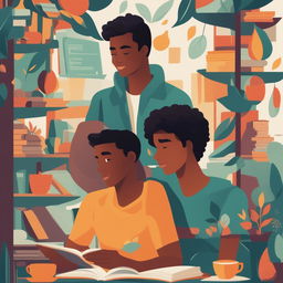 This high-quality illustration features two young men, the protagonist and 'A,' in a vibrant college setting