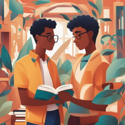 This high-quality illustration features two young men, the protagonist and 'A,' in a vibrant college setting