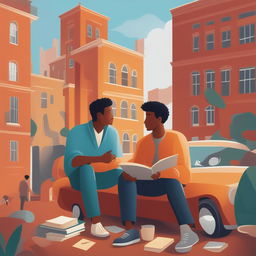 This high-quality illustration features two young men, the protagonist and 'A,' in a vibrant college setting