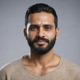 Generate an 8K resolution, photorealistic full-body image of an Indian man with a wheatish skin tone, round face, height of 5 feet 2 inches, waist of 34 inches, chin strap beard, weight of 68 kg, black hair in a stubble clean-shaved style.