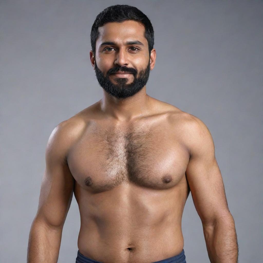 Generate an 8K resolution, photorealistic full-body image of an Indian man with a wheatish skin tone, round face, height of 5 feet 2 inches, waist of 34 inches, chin strap beard, weight of 68 kg, black hair in a stubble clean-shaved style.