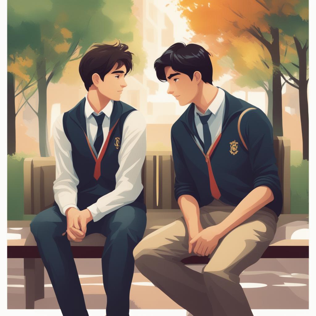 This is a vivid, high-quality illustration that portrays two young white men with dark hair, the protagonist and 'A', seated closely on a bench within the vibrant setting of a college campus