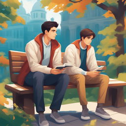 This is a vivid, high-quality illustration that portrays two young white men with dark hair, the protagonist and 'A', seated closely on a bench within the vibrant setting of a college campus