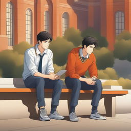 This is a vivid, high-quality illustration that portrays two young white men with dark hair, the protagonist and 'A', seated closely on a bench within the vibrant setting of a college campus