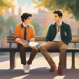 This is a vivid, high-quality illustration that portrays two young white men with dark hair, the protagonist and 'A', seated closely on a bench within the vibrant setting of a college campus