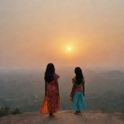 A young girl named Anu and a boy named Raj standing side by side, witnessing the awe-inspiring beauty of sunrise.