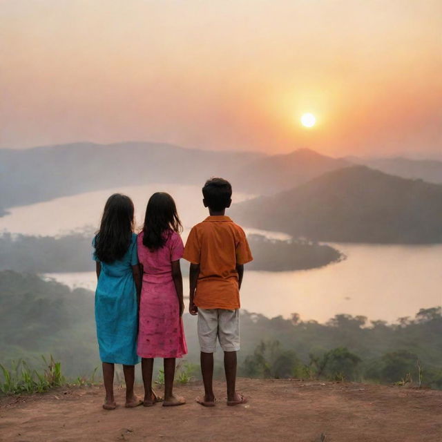 A young girl named Anu and a boy named Raj standing side by side, witnessing the awe-inspiring beauty of sunrise.