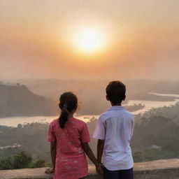 A young girl named Anu and a boy named Raj standing side by side, witnessing the awe-inspiring beauty of sunrise.