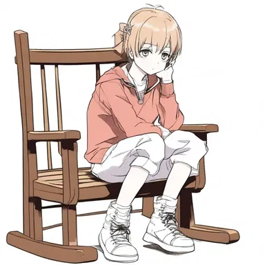 The anime character sat on the rocker, gently rocking back and forth while deep in thought.