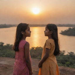 A young girl named Anu and a boy named Raj standing side by side, witnessing the awe-inspiring beauty of sunrise.