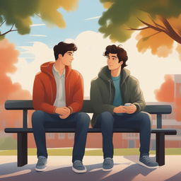 This is a high-quality illustration that vividly portrays two young white men with dark hair, the protagonist and 'A', seated closely on a bench within the vibrant setting of a college campus