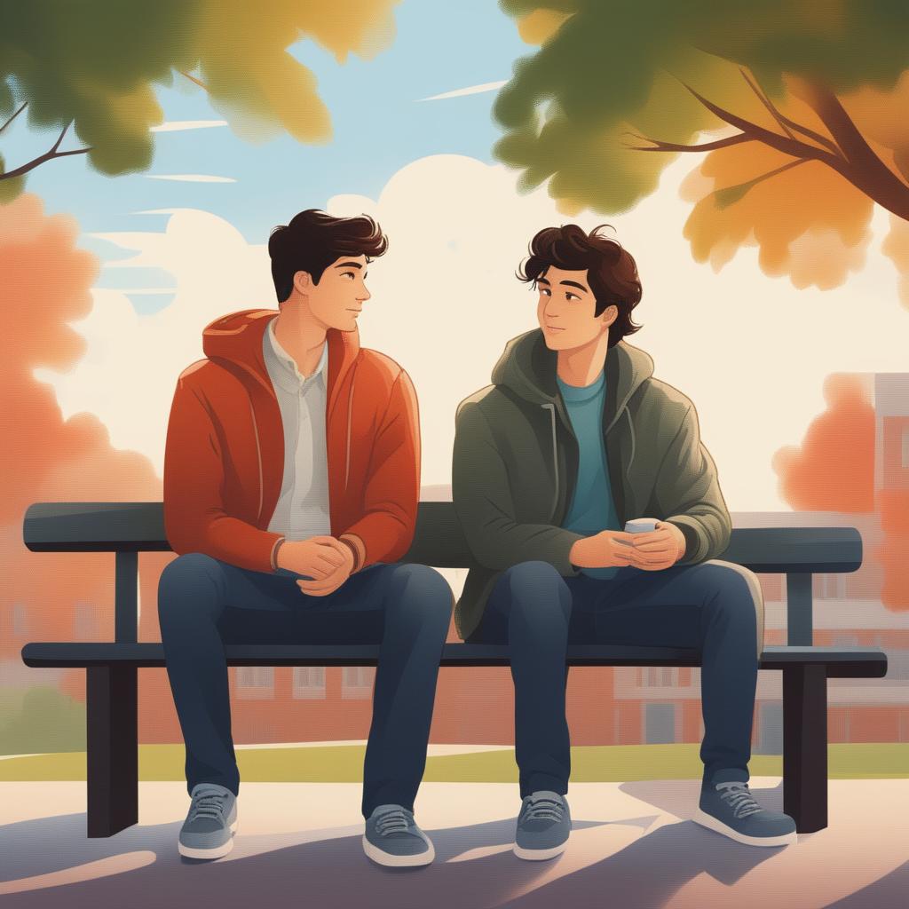 This is a high-quality illustration that vividly portrays two young white men with dark hair, the protagonist and 'A', seated closely on a bench within the vibrant setting of a college campus