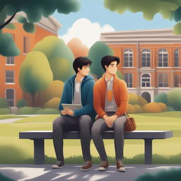 This is a high-quality illustration that vividly portrays two young white men with dark hair, the protagonist and 'A', seated closely on a bench within the vibrant setting of a college campus