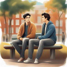 This is a high-quality illustration that vividly portrays two young white men with dark hair, the protagonist and 'A', seated closely on a bench within the vibrant setting of a college campus