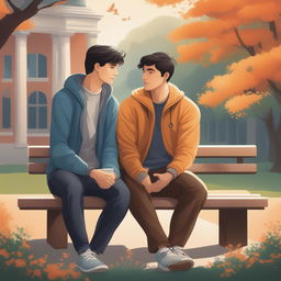 This is a high-quality illustration that vividly portrays two young white men with dark hair, the protagonist and 'A', seated closely on a bench within the vibrant setting of a college campus