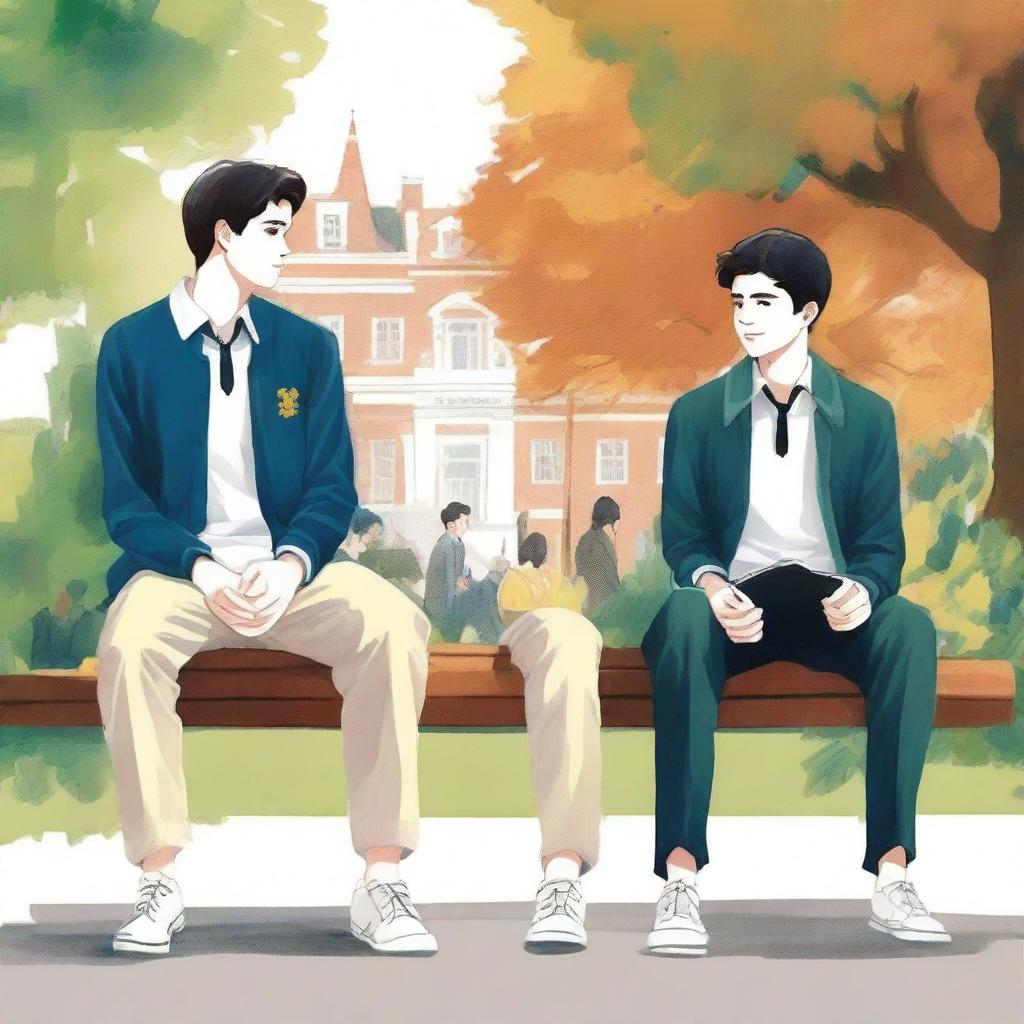The illustration is a high-quality piece that portrays two white young men with dark hair, the protagonist and 'A,' seated closely on a bench within a vibrant campus setting