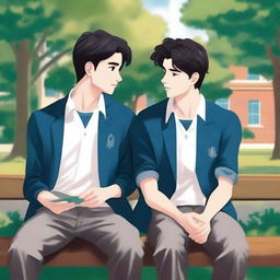 The illustration is a high-quality piece that portrays two white young men with dark hair, the protagonist and 'A,' seated closely on a bench within a vibrant campus setting