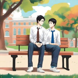 The illustration is a high-quality piece that portrays two white young men with dark hair, the protagonist and 'A,' seated closely on a bench within a vibrant campus setting