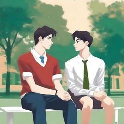 The illustration is a high-quality piece that portrays two white young men with dark hair, the protagonist and 'A,' seated closely on a bench within a vibrant campus setting