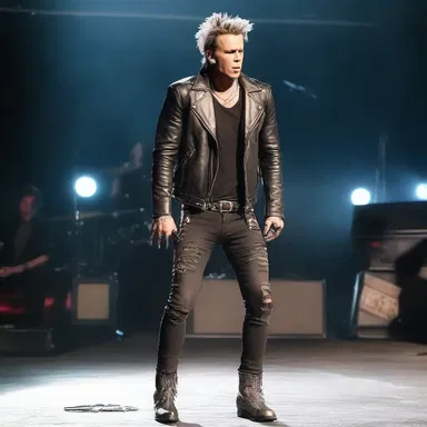 The rocker wore a leather jacket, ripped jeans, and studded boots to the concert.
